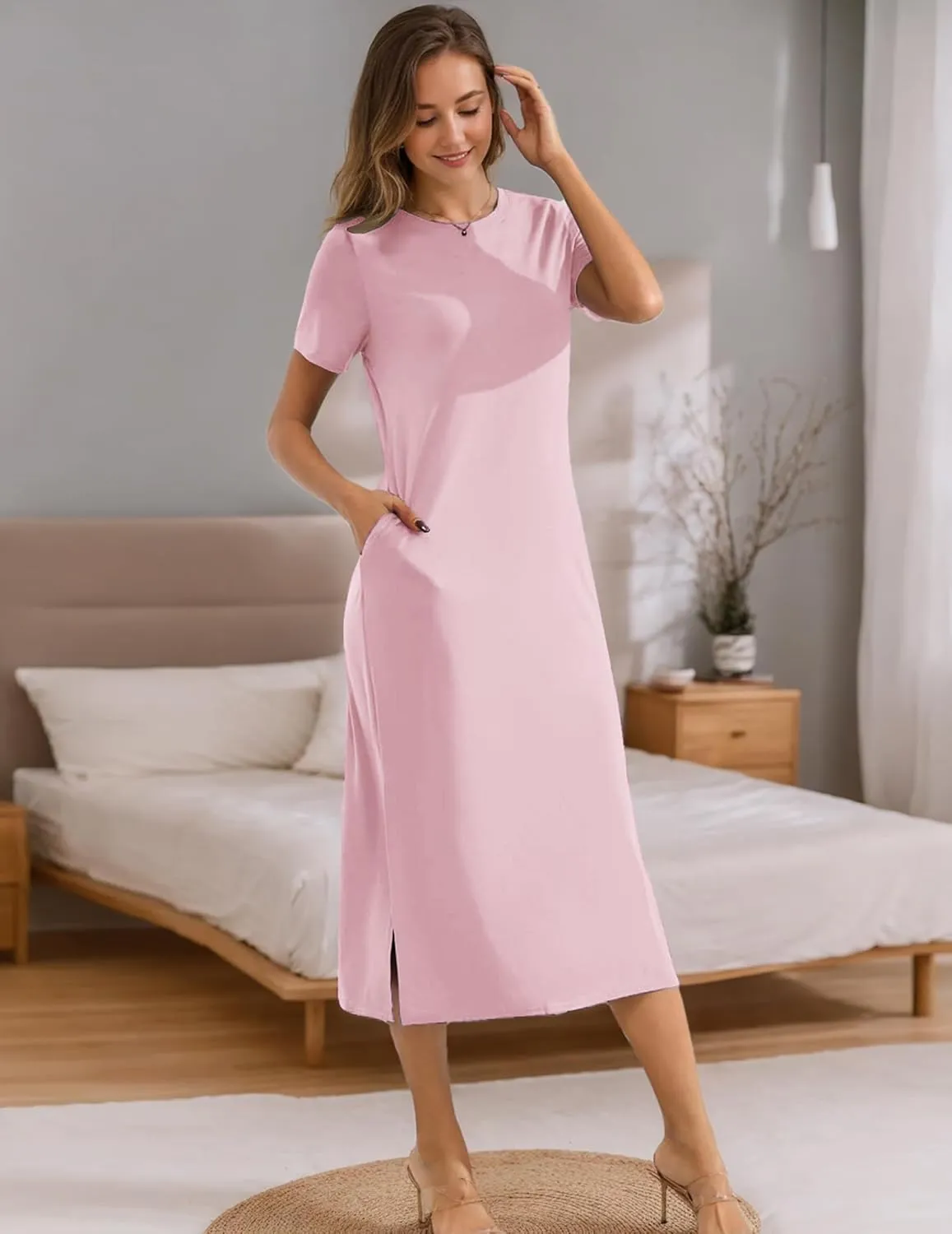 Womens Maxi Dresses Split Casual T Shirt Dress with Pockets Crew Neck Short Sleeve Summer Dresses
