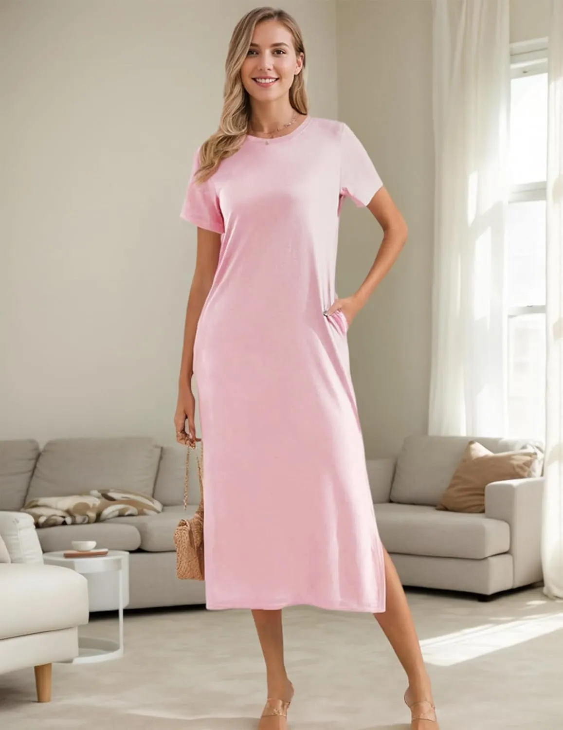 Womens Maxi Dresses Split Casual T Shirt Dress with Pockets Crew Neck Short Sleeve Summer Dresses