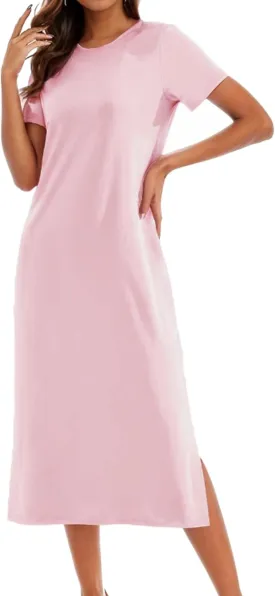 Womens Maxi Dresses Split Casual T Shirt Dress with Pockets Crew Neck Short Sleeve Summer Dresses