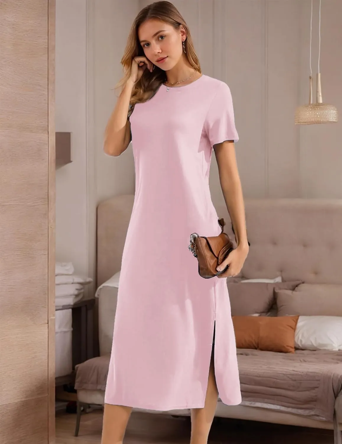 Womens Maxi Dresses Split Casual T Shirt Dress with Pockets Crew Neck Short Sleeve Summer Dresses