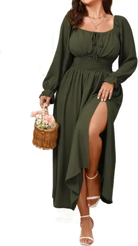 Women's Plus Size Dress Long Sleeve Smocked Dress Square Neck Tie Front Split A-Line Maxi Long Dresses