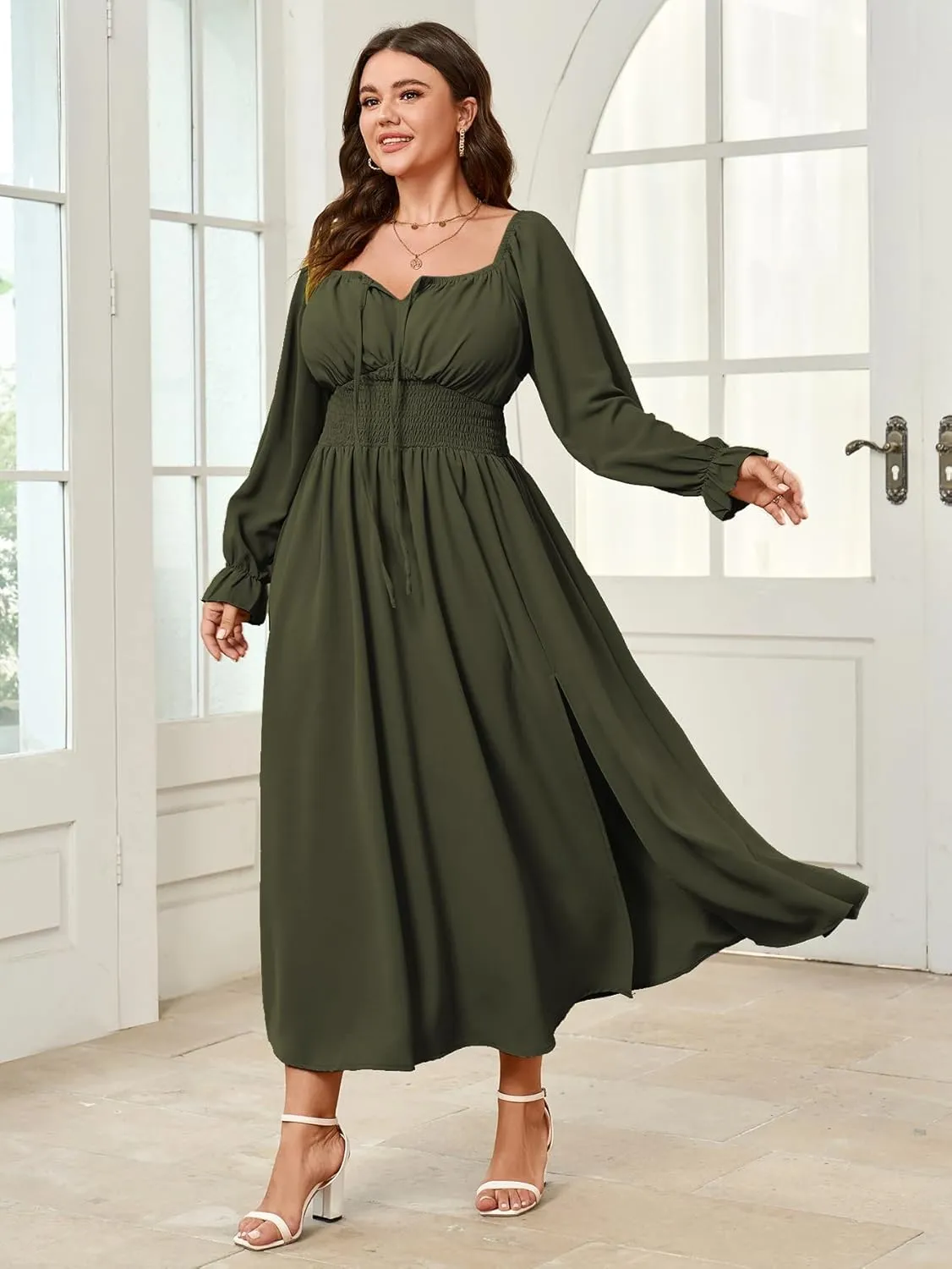 Women's Plus Size Dress Long Sleeve Smocked Dress Square Neck Tie Front Split A-Line Maxi Long Dresses