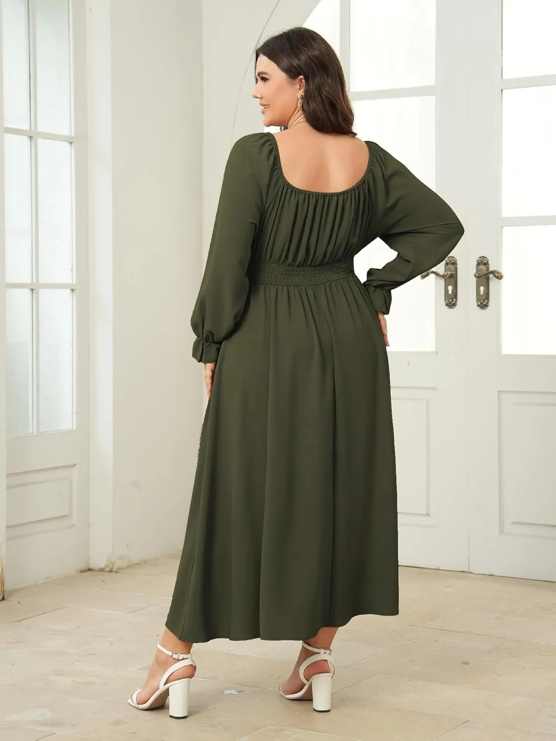Women's Plus Size Dress Long Sleeve Smocked Dress Square Neck Tie Front Split A-Line Maxi Long Dresses