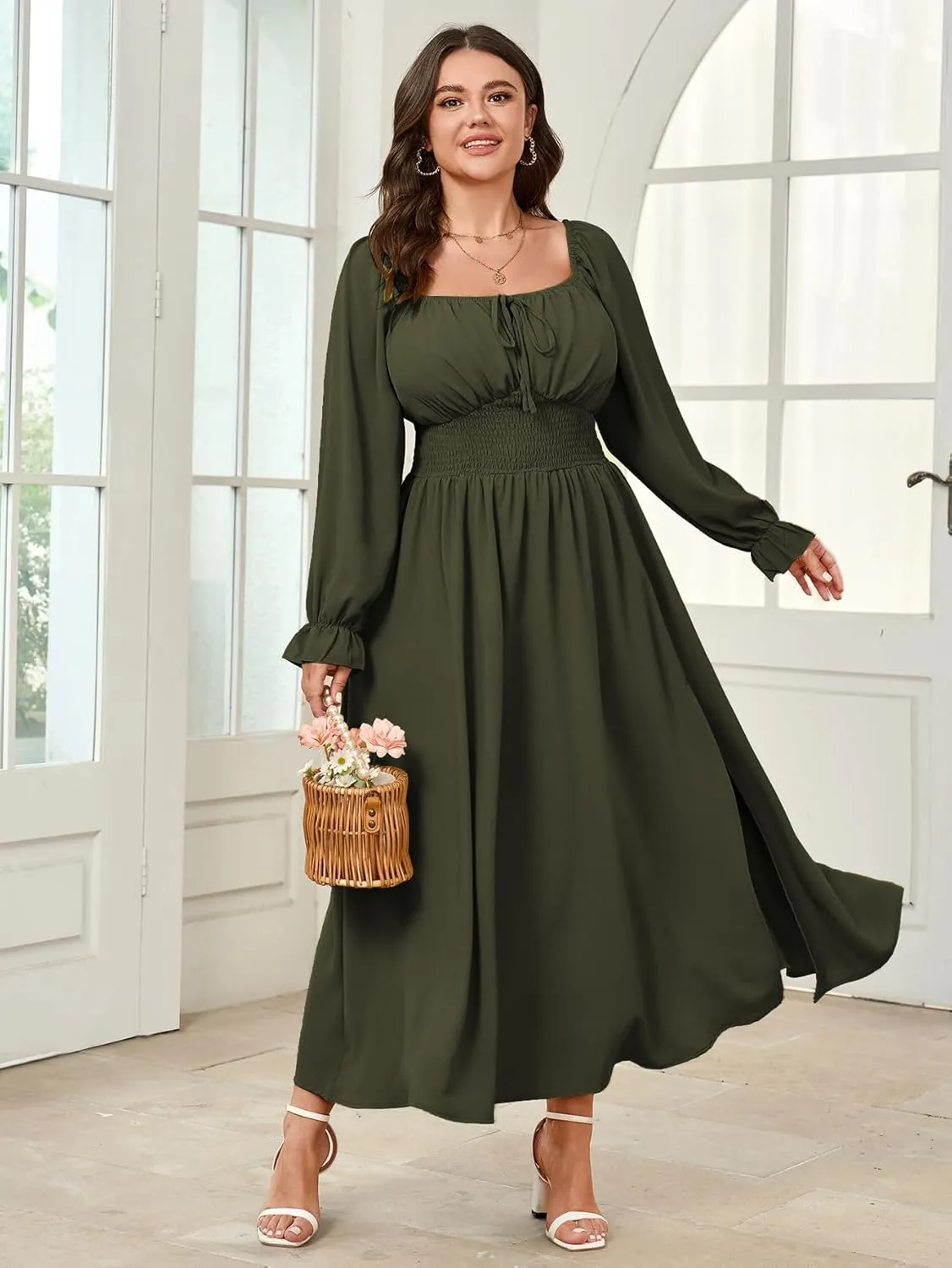Women's Plus Size Dress Long Sleeve Smocked Dress Square Neck Tie Front Split A-Line Maxi Long Dresses