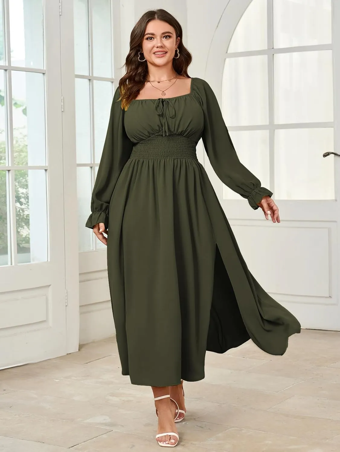 Women's Plus Size Dress Long Sleeve Smocked Dress Square Neck Tie Front Split A-Line Maxi Long Dresses