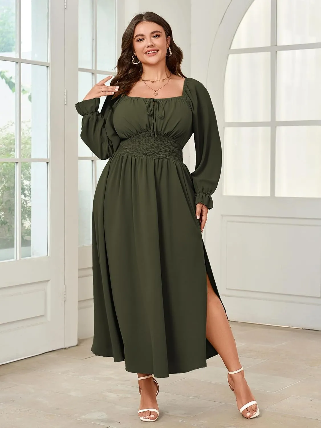 Women's Plus Size Dress Long Sleeve Smocked Dress Square Neck Tie Front Split A-Line Maxi Long Dresses