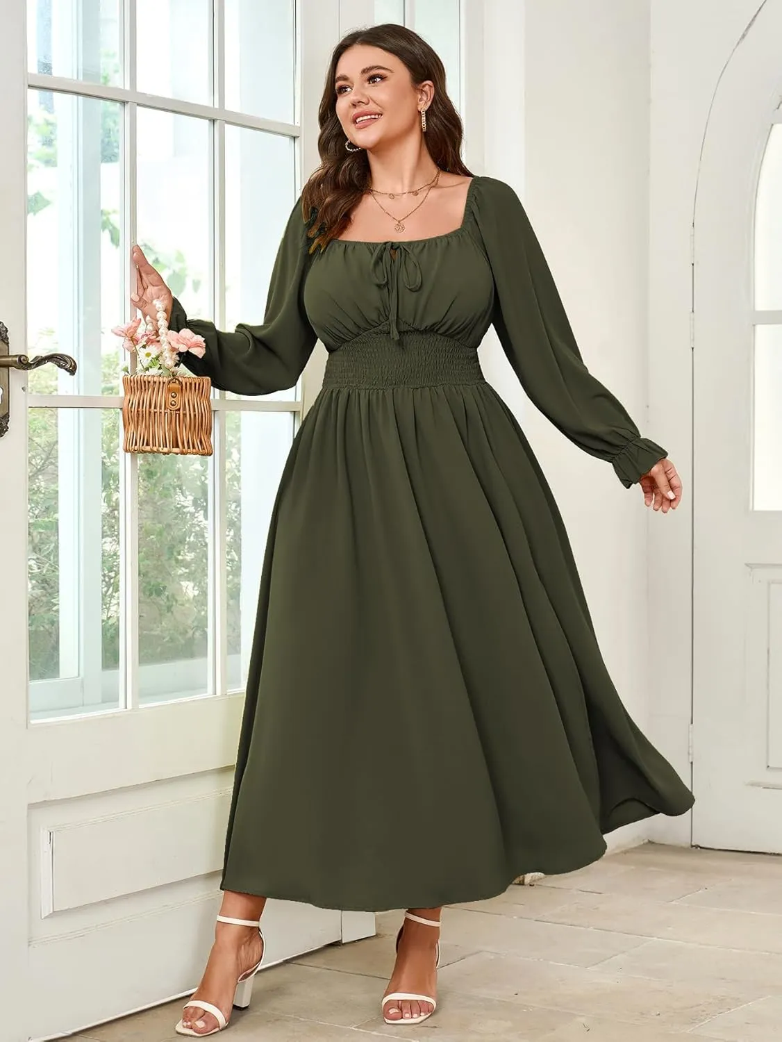 Women's Plus Size Dress Long Sleeve Smocked Dress Square Neck Tie Front Split A-Line Maxi Long Dresses