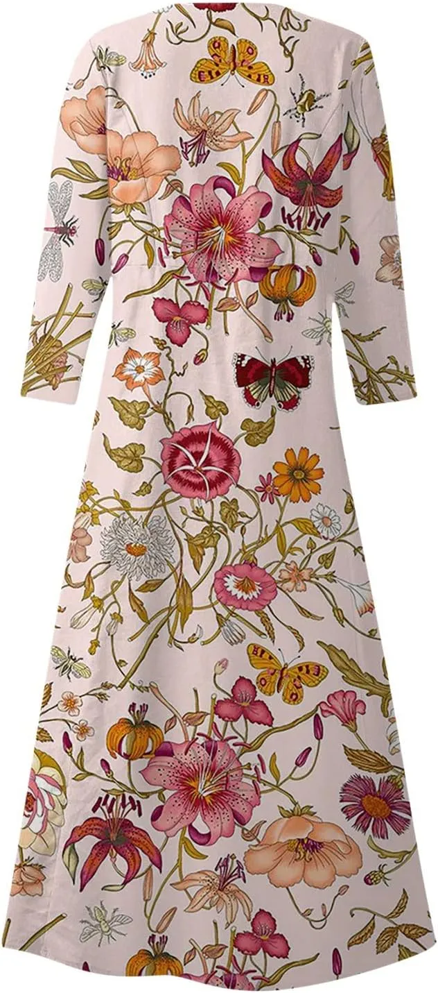 Womens Spring Boho Maxi Casual Cotton Dresses Crewneck Long Sleeve Dress Beach Smocked Ruffle Flowy Long Dresses