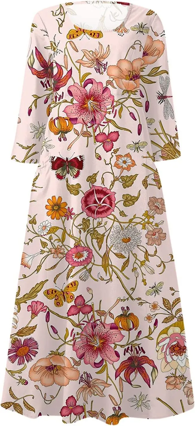 Womens Spring Boho Maxi Casual Cotton Dresses Crewneck Long Sleeve Dress Beach Smocked Ruffle Flowy Long Dresses