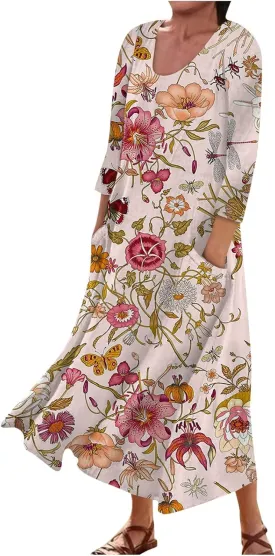 Womens Spring Boho Maxi Casual Cotton Dresses Crewneck Long Sleeve Dress Beach Smocked Ruffle Flowy Long Dresses