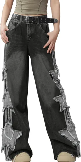 Womens Star Jeans Baggy Cargo Jeans Vintage Casual Y2K Outfits Straight Leg Denim with Pocket