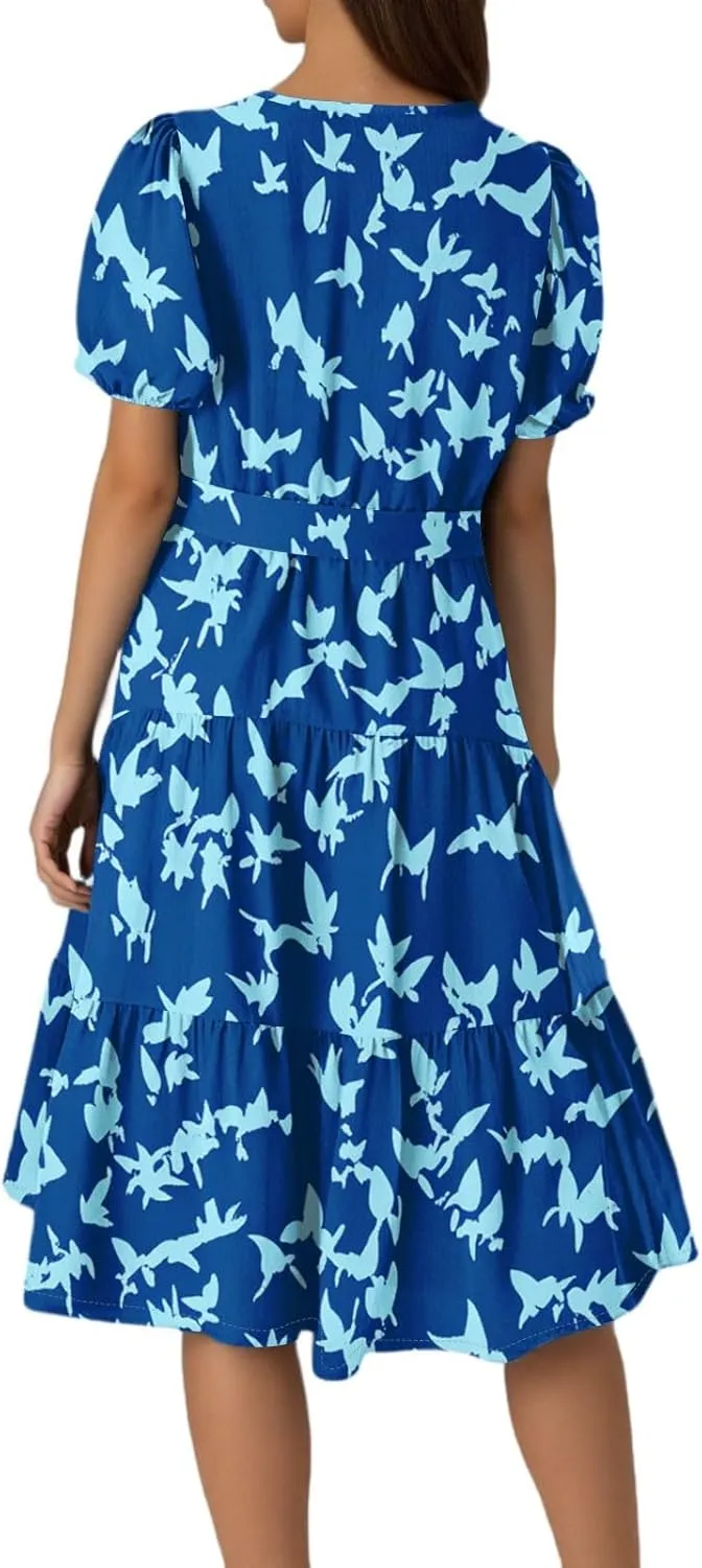 Womens Summer Floral Midi Dresses with Pockets Short Sleeve Crew Neck Waistband Boho Layered Ruffle Flowy Beach Dress