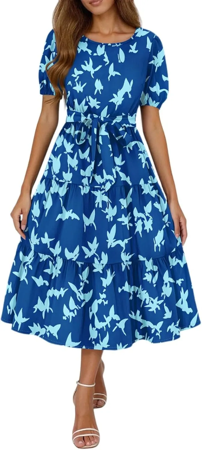 Womens Summer Floral Midi Dresses with Pockets Short Sleeve Crew Neck Waistband Boho Layered Ruffle Flowy Beach Dress