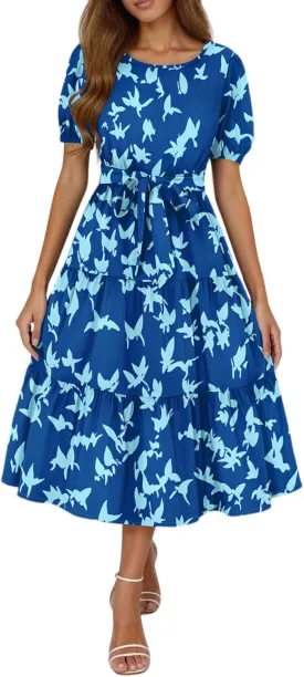 Womens Summer Floral Midi Dresses with Pockets Short Sleeve Crew Neck Waistband Boho Layered Ruffle Flowy Beach Dress